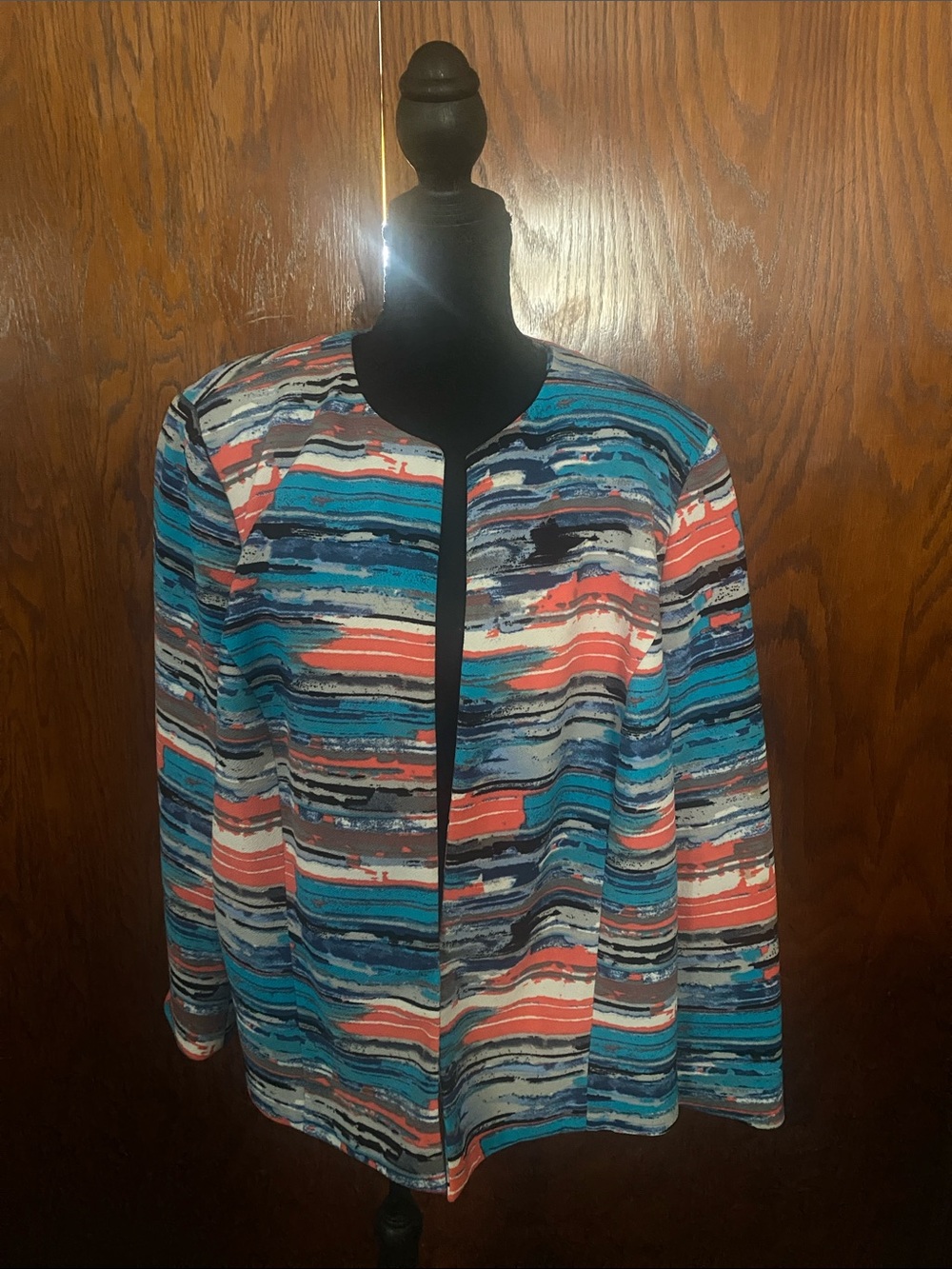 Kasper Multicolor Striped Open-Front Jacket in Blue, Coral & Navy